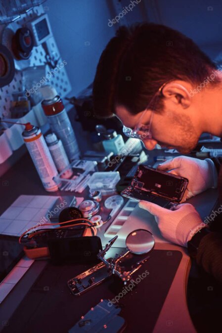 Technicien réparant un smartphone à côté d’un ordinateur portable dans une boutique high-tech