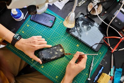 Technicien réparant un smartphone sur un établi